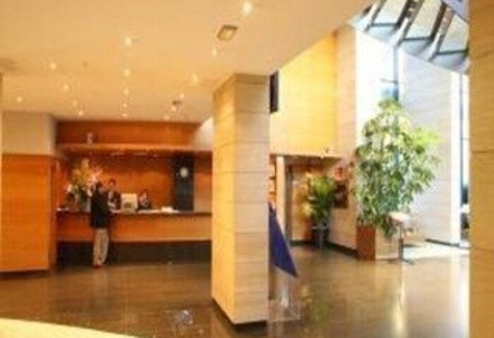 Hotel Madeira Centro's lobby. This gay-friendly hotel features a modern reception area, plants, and a bright, welcoming atmosphere.