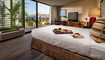 Hotel Maya A Doubletree Hotel room with fruit and cheese plates on bed. Gay-friendly hotel with patio views. Great for gay travel.