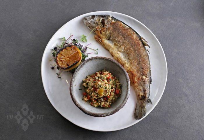 Fine dining at Hotel Memories Budapest, a gay-friendly hotel. Grilled fish, lemon, and a side dish are served on a white plate.