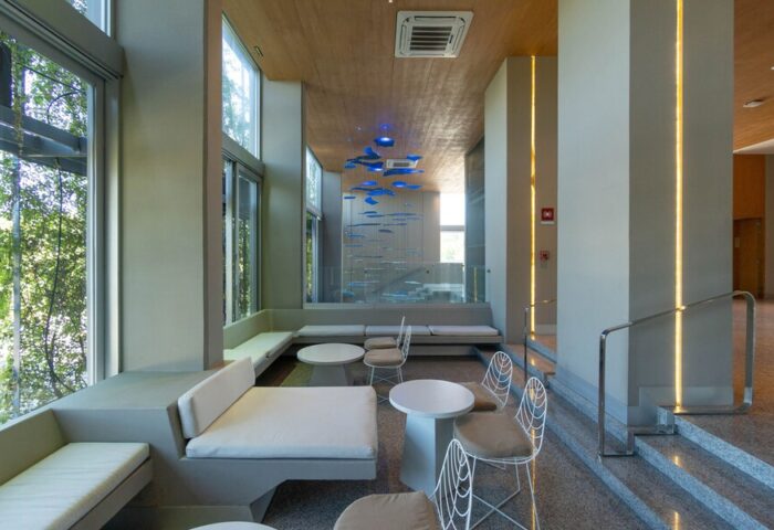 Hotel Mio Vallarta Adults Only gay-friendly hotel lobby. Lounge area with modern decor, seating, and a unique blue fish art installation.