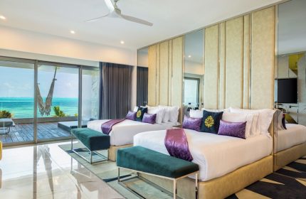 Hotel Mousai Cancun Adults Only All Inclusive room. Two beds, ocean view, hammock. Gay-friendly hotel for discerning travelers.
