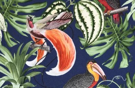 Hotel Palace Berlin's gay-friendly, pet-friendly vibe: Tropical wallpaper with toucan, birds of paradise, parrot, pineapple, and lush leaves.