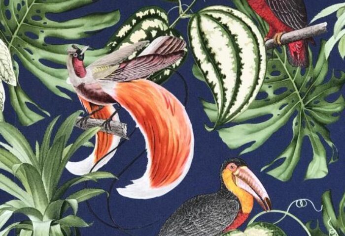 Hotel Palace Berlin's gay-friendly, pet-friendly vibe: Tropical wallpaper with toucan, birds of paradise, parrot, pineapple, and lush leaves.