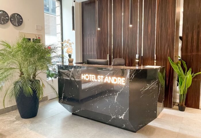 Hotel Saint-Andre's reception area. This gay-friendly hotel features a modern design with a marble desk and stylish lighting, welcoming gay travelers.