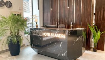 Hotel Saint-Andre's reception area. This gay-friendly hotel features a modern design with a marble desk and stylish lighting, welcoming gay travelers.