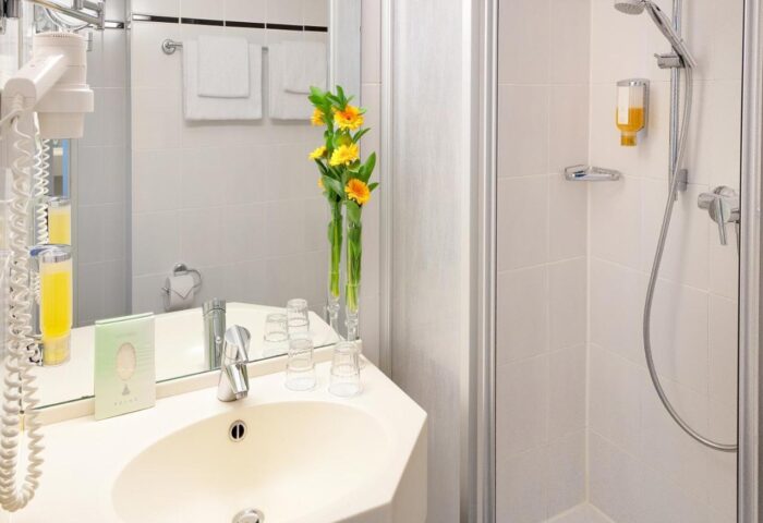 Hotel Scala gay-friendly hotel bathroom. Features a sink, mirror, shower, and fresh flowers. Great for gay men travel.