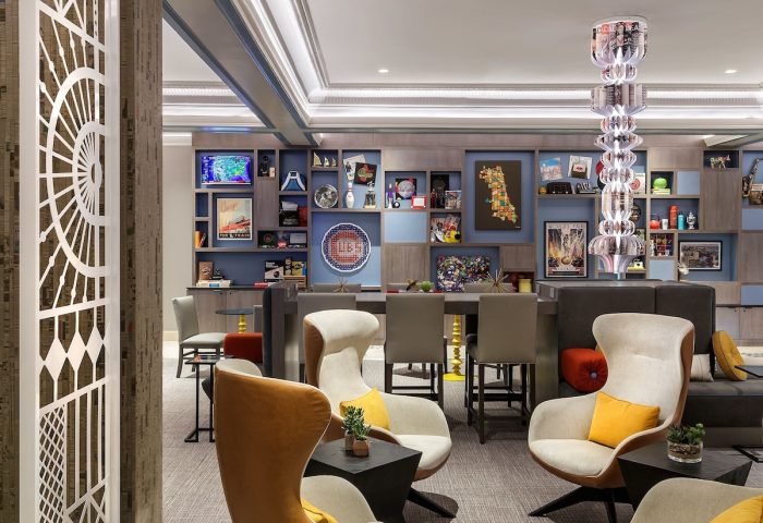 Hotel Versey Chicago Lincoln Park's stylish, gay-friendly lounge area. Modern design, comfortable seating. Perfect for LGBTQ+ travelers in Chicago.