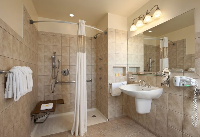 Hotel Versey Chicago Lincoln Park gay-friendly hotel bathroom. Accessible shower with seat and grab bars. Sink and large mirror.