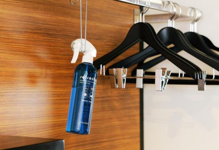 Hotel Wing International Premium Tokyo-Yotsuya closet. Refresh spray, hangers. Gay-friendly hotel amenity for clothes care, deodorizing.