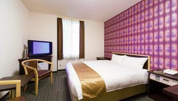 Hotel Wing International Shinjuku room. Modern decor, double bed, TV, desk. Gay-friendly hotel in Shinjuku, Japan. Comfortable stay.