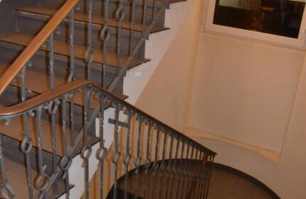 Staircase at Gay-Friendly Hotel Zeil. Interior stairs with metal railing. Hotel Zeil is a great choice for gay travelers.