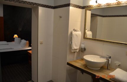 Hotel Zeil gay-friendly room. Bathroom with sink, mirror, and view into bedroom with bed. Zeil is a top destination for gay travel.