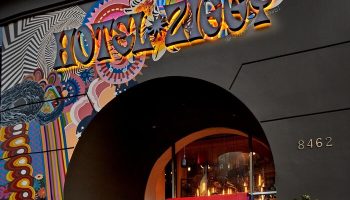 Hotel Ziggy Los Angeles entrance. Gay-friendly hotel with colorful, psychedelic mural. A great choice for gay men travel.