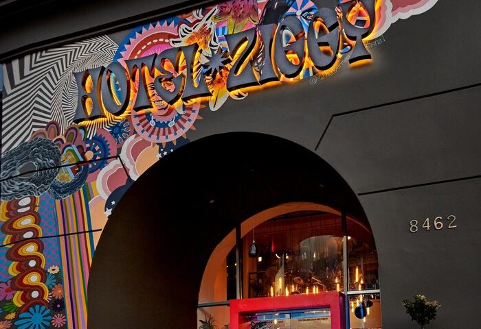 Hotel Ziggy Los Angeles entrance. Gay-friendly hotel with colorful, psychedelic mural. A great choice for gay men travel.