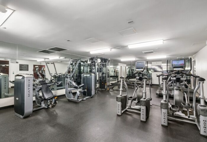 Hotel Zoso's gym. Gay-friendly hotel fitness center with Matrix equipment, treadmills, and weights. A great place to stay fit while traveling.