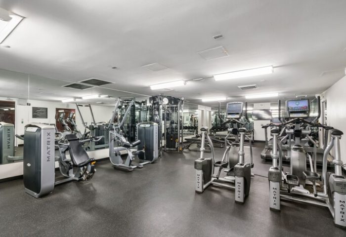 Hotel Zoso's gym. Gay-friendly hotel fitness center with Matrix equipment, treadmills, and weights. A great place to stay fit while traveling.