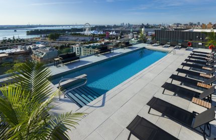 Rooftop pool at Hyatt Centric Montreal, a gay-friendly hotel. Lounge chairs surround the pool, with city views. Perfect for gay travel.