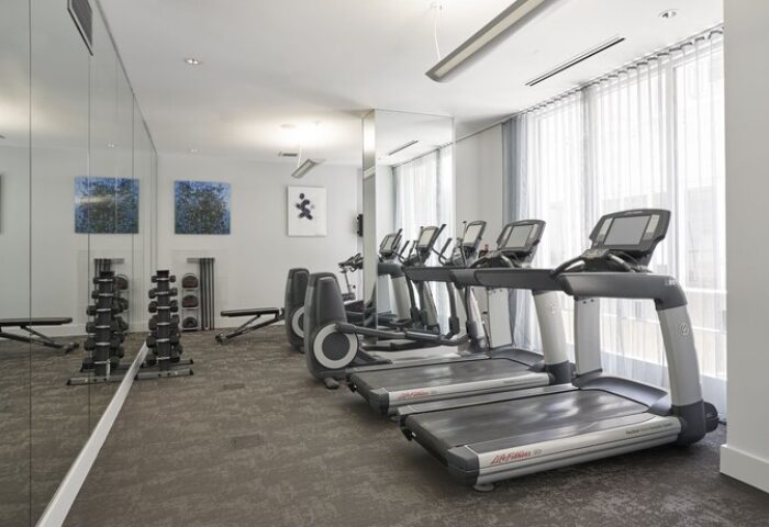 Hyatt Centric The Pike Long Beach gym. Gay-friendly hotel features treadmills, elliptical machines, & free weights for guests' fitness needs.