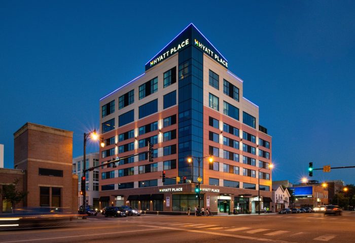 Hyatt Place Chicago/Wicker Park exterior at dusk. Gay-friendly hotel in Chicago's Wicker Park neighborhood. Modern architecture.