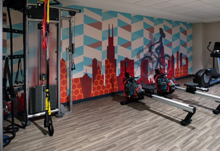 Hyatt Place Chicago/Wicker Park gym. Gay-friendly hotel fitness center with rowing machines, weight machine, and Chicago skyline mural.