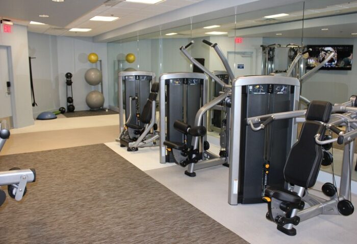 Hyatt Regency Long Beach gym. Gay-friendly hotel fitness center with weight machines, exercise balls, and a TV. Perfect for a workout.