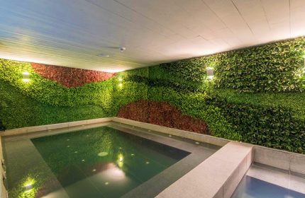 I'M Hotel gay-friendly hotel pool area. Lush green wall with accent lighting. Modern design at I'M Hotel, a top gay travel destination.