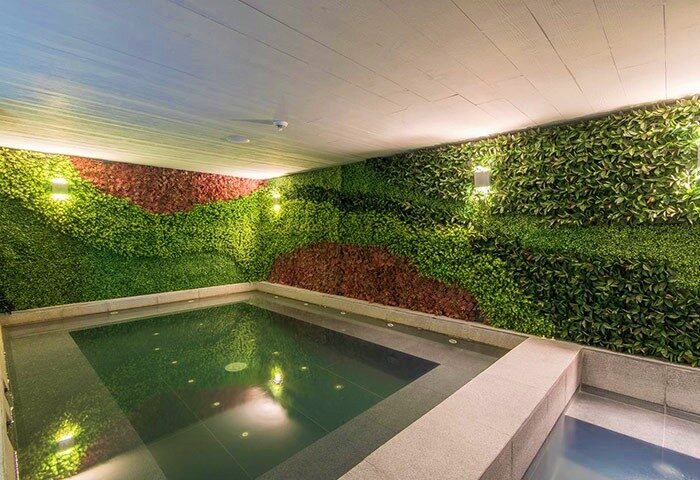 I'M Hotel gay-friendly hotel pool area. Lush green wall with accent lighting. Modern design at I'M Hotel, a top gay travel destination.
