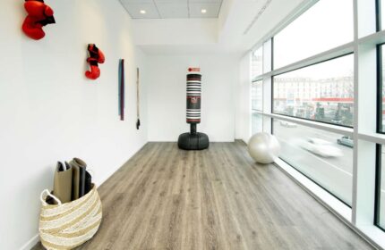 Gym at INNSiDE Milano Torre Galfa, a gay-friendly hotel. Punching bag, exercise ball, & boxing gloves. Modern fitness space for gay travelers.