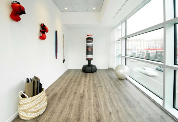 Gym at INNSiDE Milano Torre Galfa, a gay-friendly hotel. Punching bag, exercise ball, & boxing gloves. Modern fitness space for gay travelers.