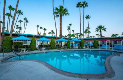 Pool view at INNdulge, an iconic gay men's resort in Palm Springs. Blue umbrellas, lounge chairs, and palm trees create a relaxing, gay-friendly vibe.