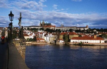 Prague cityscape view from Charles Bridge. Gay-friendly Ibis Praha Wenceslas Square Hotel is near this pet-friendly location.