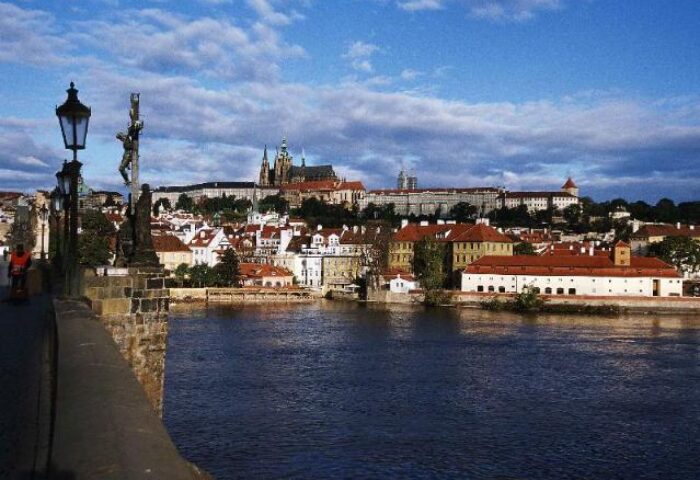 Prague cityscape view from Charles Bridge. Gay-friendly Ibis Praha Wenceslas Square Hotel is near this pet-friendly location.