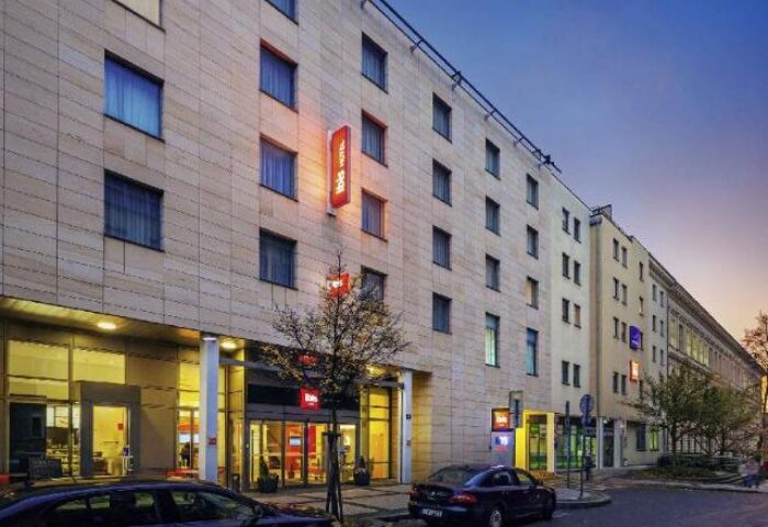 Ibis Praha Wenceslas Square Hotel exterior. Gay-friendly, pet-friendly hotel in Prague's Wenceslas Square. Modern building facade.