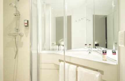 Ibis Styles London Southwark Hotel bathroom. Shower, sink, mirror, and towels in a modern, clean design. Gay-friendly hotel room detail.