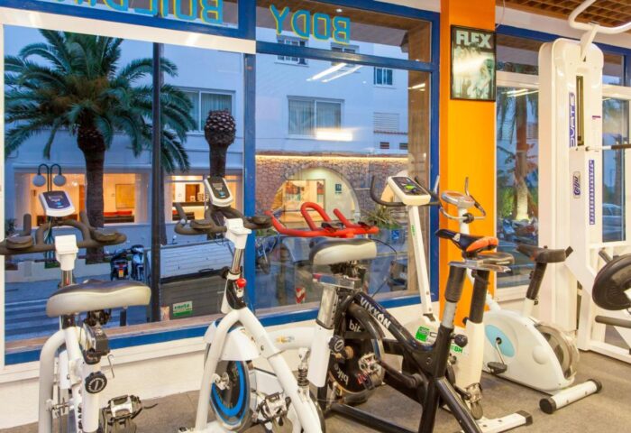 Gay-friendly hotel in Ibiza Playa gym. Exercise bikes and weight machines. Palm trees visible through the window. Fitness for gay men.