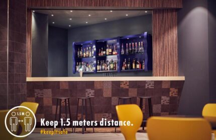 Bar area at Inntel Hotels Amsterdam Centre, a gay-friendly, pet-friendly hotel. Social distancing measures in place. #keepitsafe