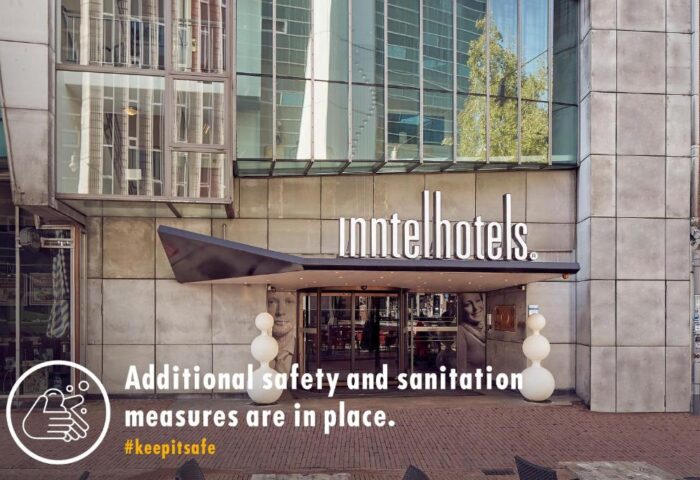 Inntel Hotels Amsterdam Centre entrance. Gay-friendly, pet-friendly hotel with safety measures. #keepitsafe. Amsterdam travel advice.