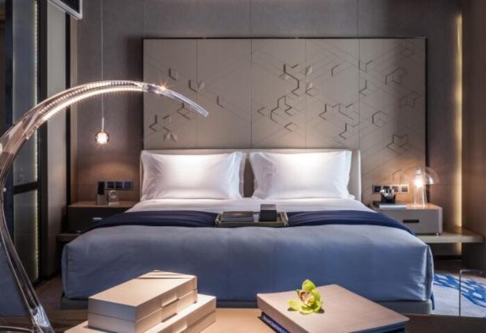 InterContinental Beijing Sanlitun gay-friendly hotel room. Modern design, king bed, unique lighting. Upscale lodging for gay travelers in Beijing.