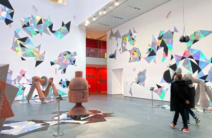 Art installation at InterContinental New York Times Square. Gay-friendly hotel near Times Square. Modern art, geometric shapes, sculptures.