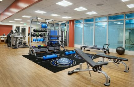 InterContinental San Francisco gay-friendly hotel gym. Exercise equipment, weights, and benches. Fitness center at a luxury hotel.