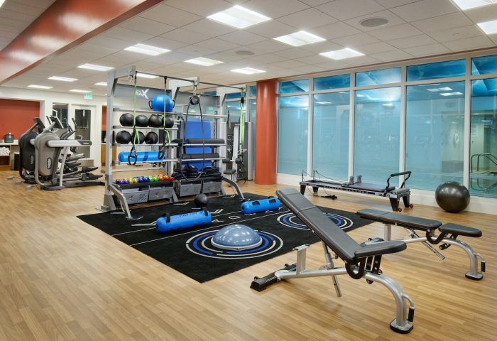 InterContinental San Francisco gay-friendly hotel gym. Exercise equipment, weights, and benches. Fitness center at a luxury hotel.