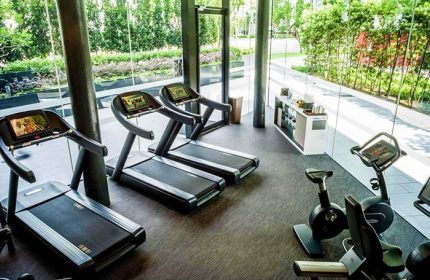 Gym at Gay-Friendly InterContinental Singapore Robertson Quay. Treadmills and exercise bikes with green view. Fitness for gay men travelers.