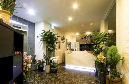 Itaewon A One Hotel's lobby, a gay-friendly hotel. Features plants, a front desk, and modern decor. Great for gay travel in Seoul, South Korea.