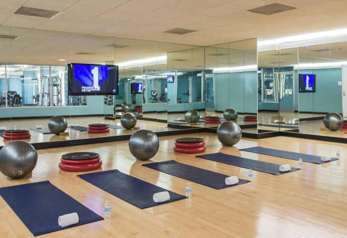 JW Marriott Chicago's gym. Gay-friendly hotel fitness center with yoga mats, exercise balls, and step platforms for a great workout.
