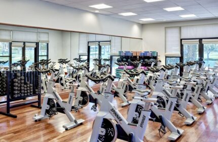 JW Marriott Desert Springs Resort & Spa gym. Many Spinner bikes, weights, and yoga blocks. A gay-friendly hotel with fitness options.