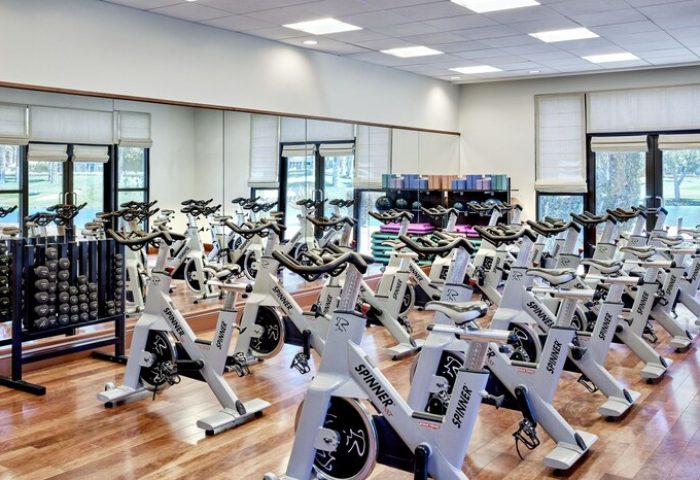 JW Marriott Desert Springs Resort & Spa gym. Many Spinner bikes, weights, and yoga blocks. A gay-friendly hotel with fitness options.