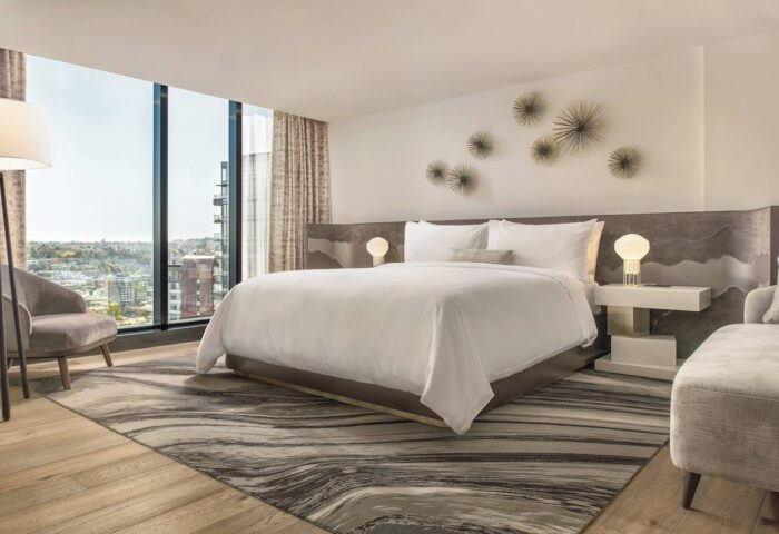 JW Marriott Parq Vancouver's gay-friendly hotel room. King bed, city view, modern decor. Ideal for gay travelers seeking luxury in Vancouver.