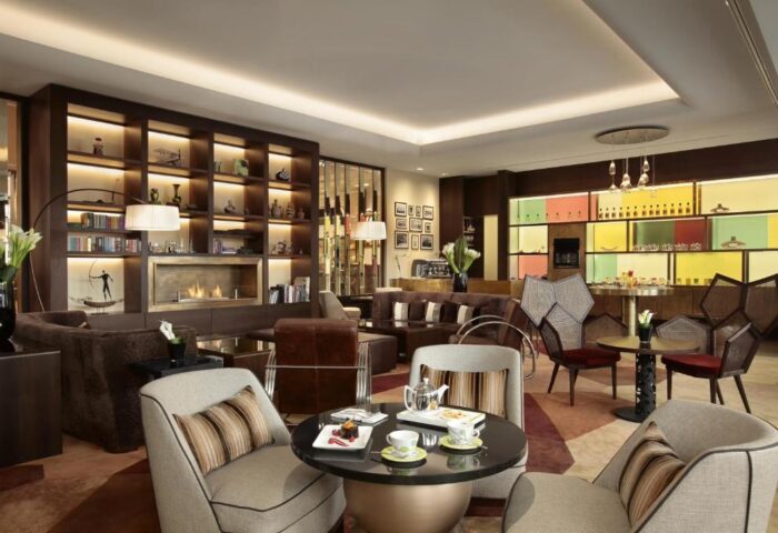 Kempinski Hotel Corvinus Budapest's stylish lounge. This gay-friendly, pet-friendly hotel features modern decor and comfortable seating areas.