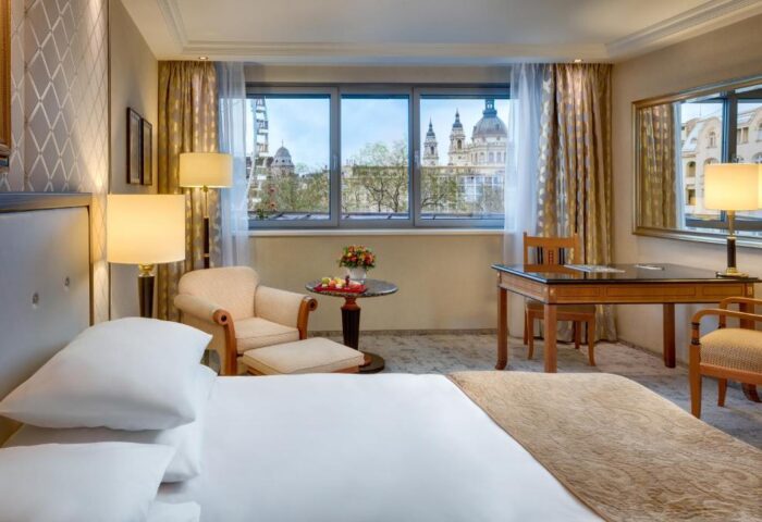 Kempinski Hotel Corvinus Budapest: Pet-friendly, gay-friendly hotel room with a view of St. Stephen's Basilica. Comfortable, luxurious stay.