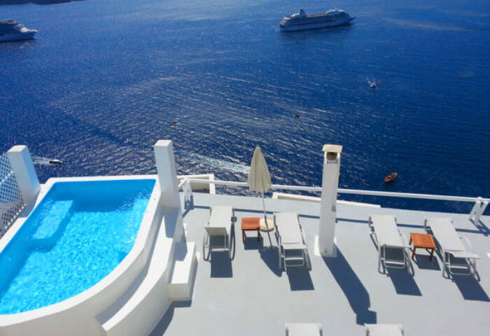 Keti Hotel's rooftop pool with ocean view. This Gay-Friendly Hotel features sun loungers, umbrellas, and stunning views for gay travelers.